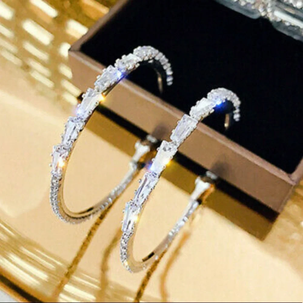 NWT DIAMOND Luxury Sterling Silver Hoop Earrings - Picture 2 of 7